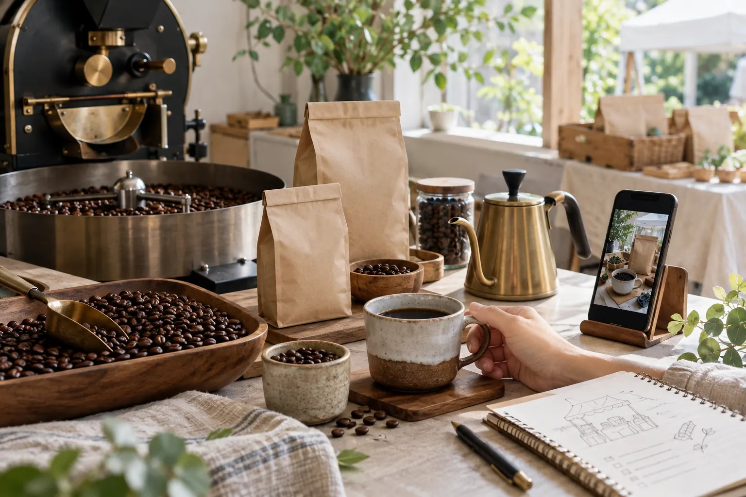 焙煎したコーヒー豆と抽出器具、販売準備をする藤風珈琲のイメージ