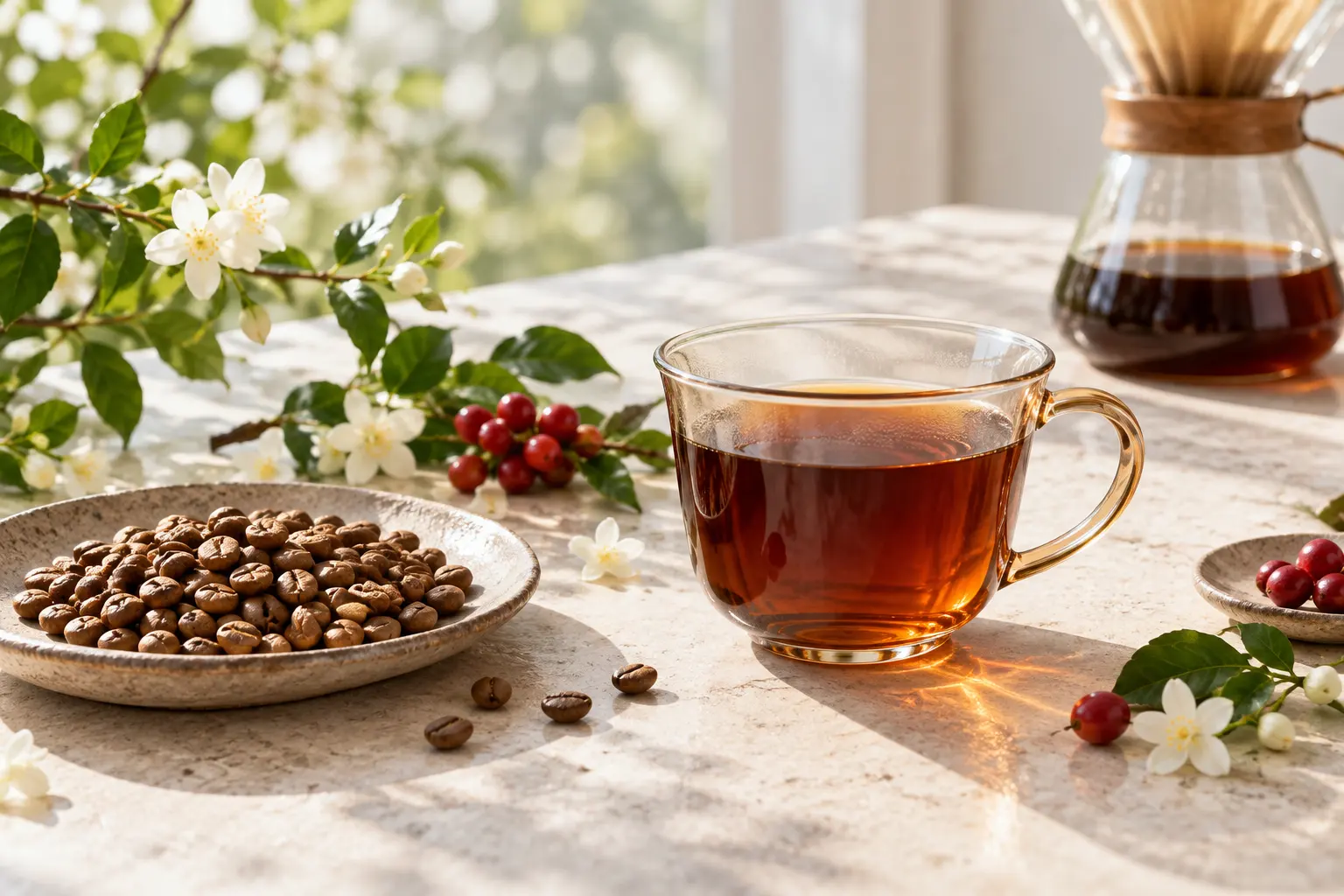 ジャスミンと赤い果実を添えた、華やかなコーヒーのイメージ