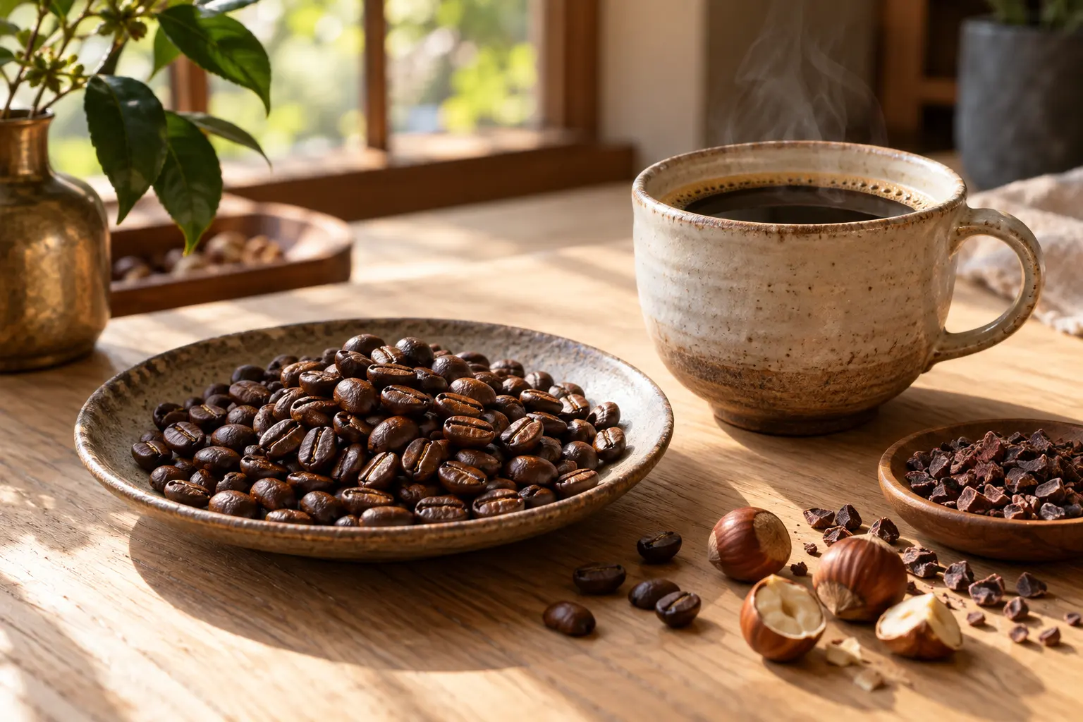 カカオとナッツを添えた、甘さと香りが重なるコーヒーのイメージ